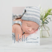 Dusty Blue Hello Baby Photo Faire-part de naissanc (Debout devant)