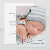 Dusty Blue Hello Baby Photo Faire-part de naissanc (Devant / Derrière)