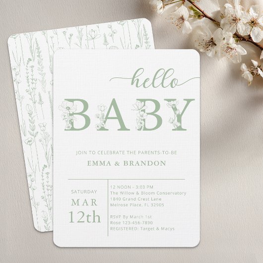 Dusty Blue Hello Baby Wildflower Invitation Kaart