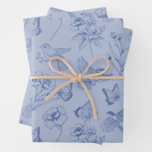 Dusty Blue Hummingbird & Butterfly Floral Wrapping Inpakpapier Vel