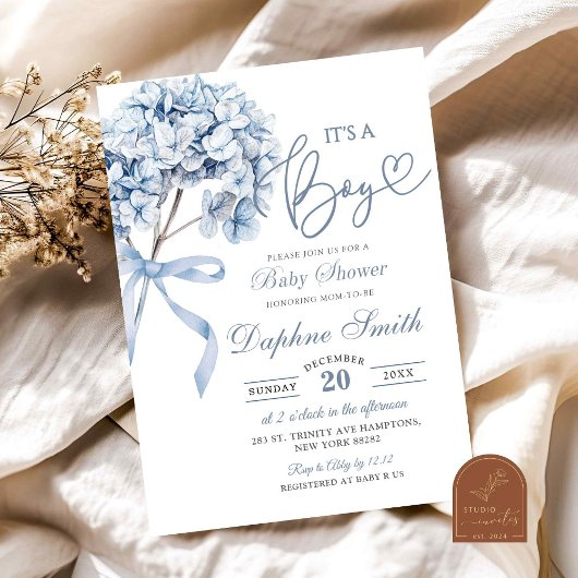 Dusty Blue Hydrangea Baby shower Kaart