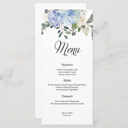 Dusty Blue Hydrangea Bloemen Bruiloft Menu (Voorkant / Achterkant)