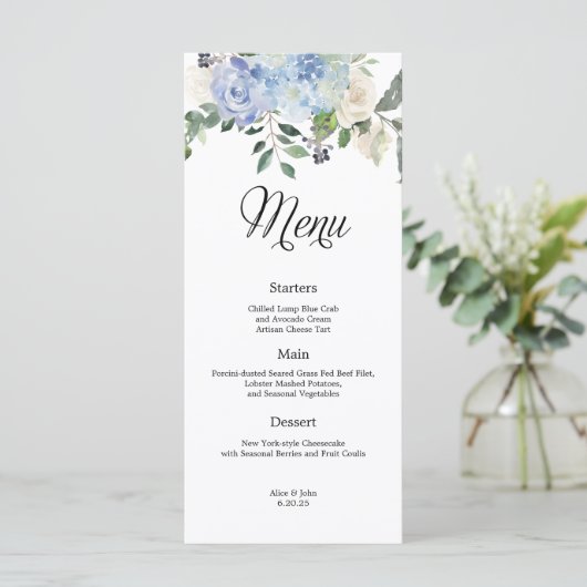 Dusty Blue Hydrangea Bloemen Bruiloft Menu (Staand voorkant)