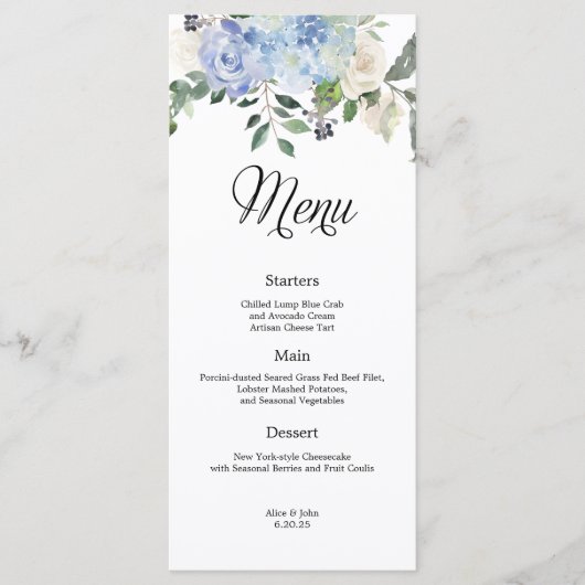 Dusty Blue Hydrangea Bloemen Bruiloft Menu (Voorkant)