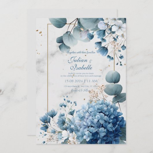 Dusty Blue Hydrangea Eucalyptus Gold Marble Kaart (Voorkant / Achterkant)