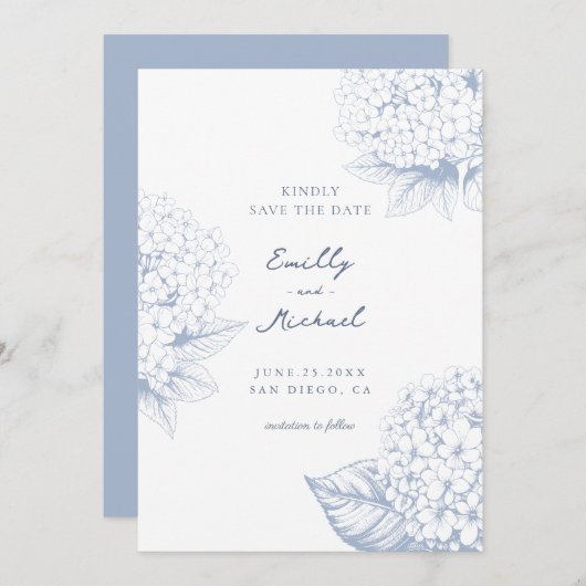 Dusty Blue Hydrangea Floral Wedding Save The Date (Voorkant / Achterkant)