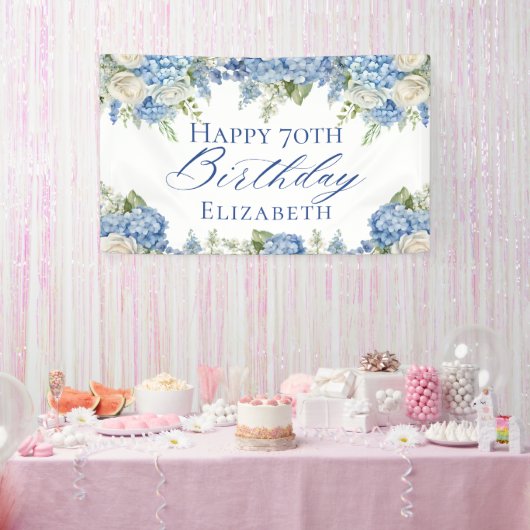 Dusty Blue Hydrangea Flowers Rozen Happy Birthday Spandoek (Feest)