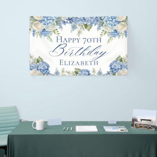 Dusty Blue Hydrangea Flowers Rozen Happy Birthday Spandoek (Beurs)