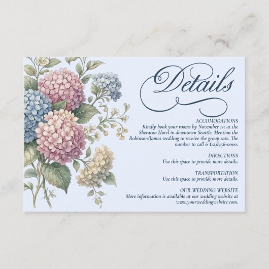 Dusty Blue Hydrangea Flowers Wedding  Informatiekaartje (Voorkant)