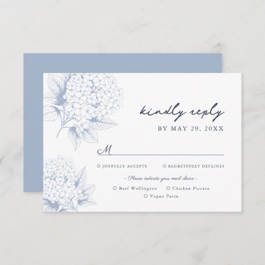 Dusty Blue Hydrangea Meal Options RSVP Card (Voorkant / Achterkant)