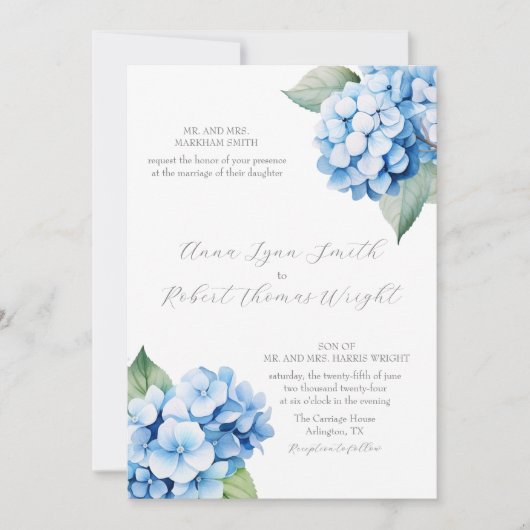 Dusty Blue Hydrangea Watercolor Faire-part de mari (Devant)