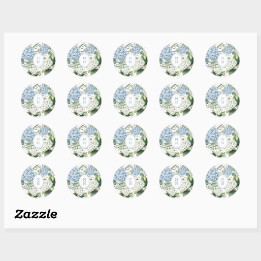 Dusty Blue Hydrangea Wedding Monogram Ronde Sticker (Vel)