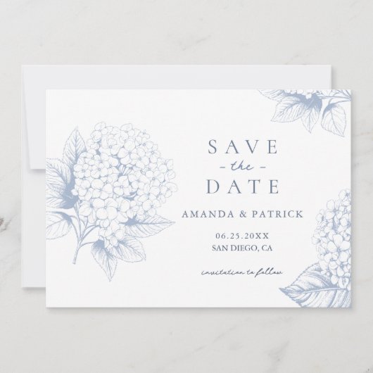 Dusty Blue Hydrangea Wedding Save the Date Card (Voorkant)