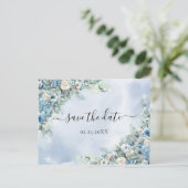 Dusty Blue Hydrangea White Roses Save the Date Briefkaart (Staand voorkant)
