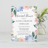 Dusty blue hydrangeas roze rozen repetitief diner kaart (Staand voorkant)