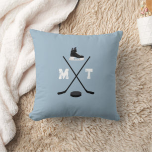 Dusty Blue Ice Hockey Classic Verdrietig Monogram Kussen