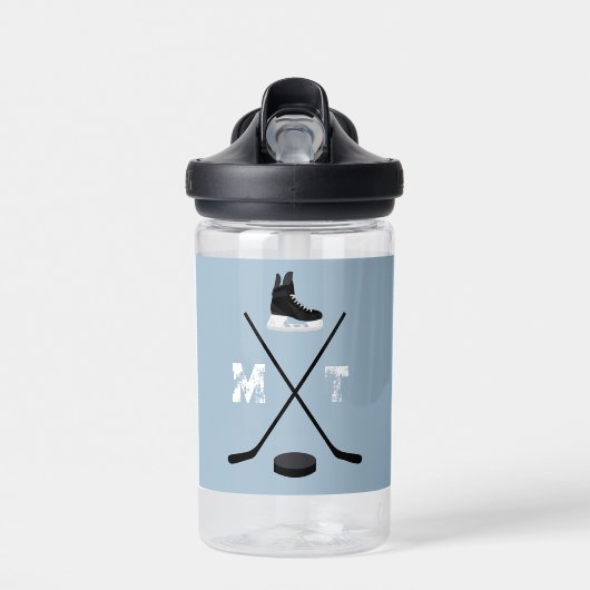 Dusty Blue Ice Hockey Classic Verdrietig Monogram Waterfles (Voorkant)