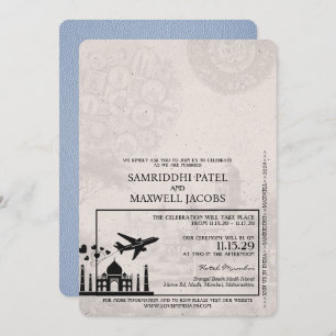 Dusty Blue India Passport Wedding Invitation Kaart