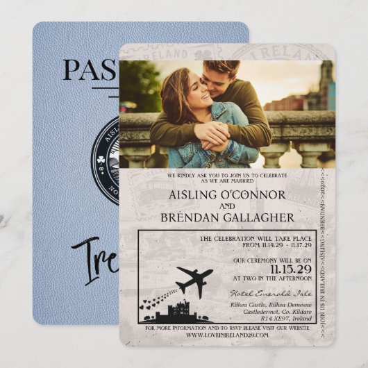 Dusty Blue Ireland Passport Wedding Invitation Kaart (Voorkant / Achterkant)