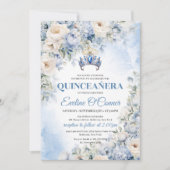 Dusty Blue & Ivoor Bloemen blauwe kroon Quinceañer Kaart (Voorkant)