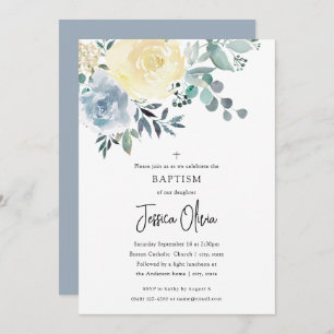 Dusty Blue Ivory Floral Greenery Baptisme Kaart