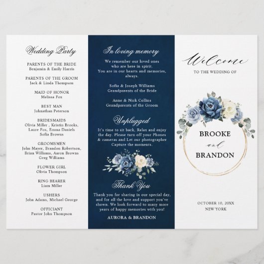 Dusty Blue Ivory Floral Tri-fold Wedding Programme (Devant)