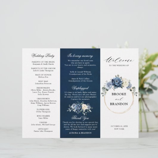 Dusty Blue Ivory Floral Tri-fold Wedding Programme (Debout devant)