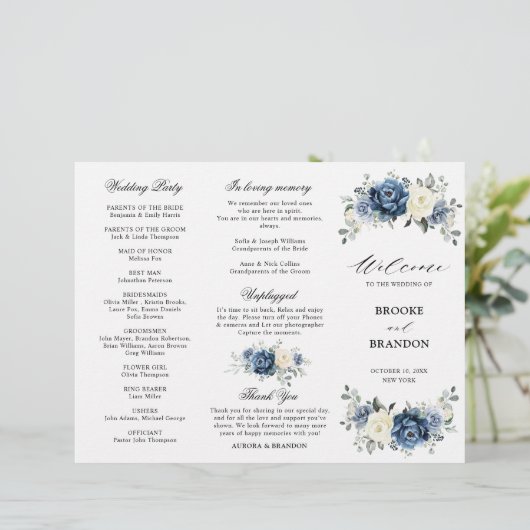 Dusty Blue Ivory Floral Tri-voudig Wedding Program (Staand voorkant)