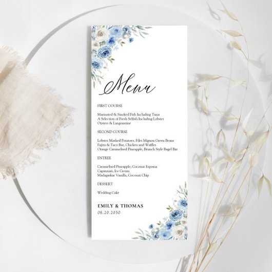 Dusty Blue Ivory Floral Wedding Menu
