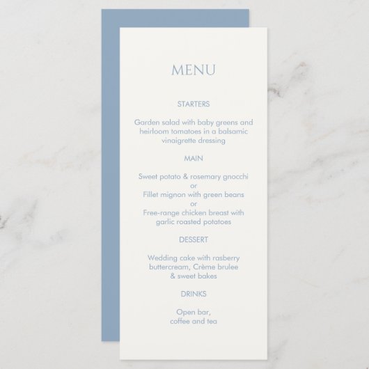 Dusty Blue & Ivory Monogrammed Mariage Menu (Devant / Derrière)