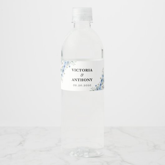 Dusty Blue Ivory Wedding Water Bottle Labels Waterfles Etiket (Voorkant)
