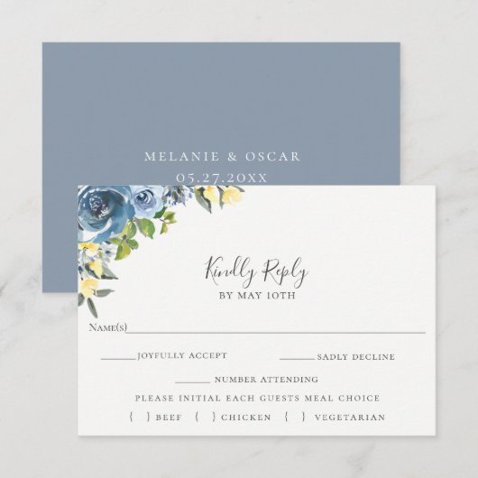 Dusty Blue Jaune Floral Wedding RSVP Meal Choice (Devant / Derrière)