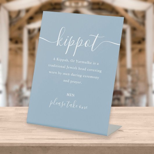 Dusty Blue Jewish Wedding Kippot Script Yarmulke Reclamebord Met Voetstuk