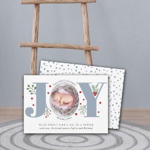 Dusty blue Joy First-kerstfoto baby geboorte Aankondiging
