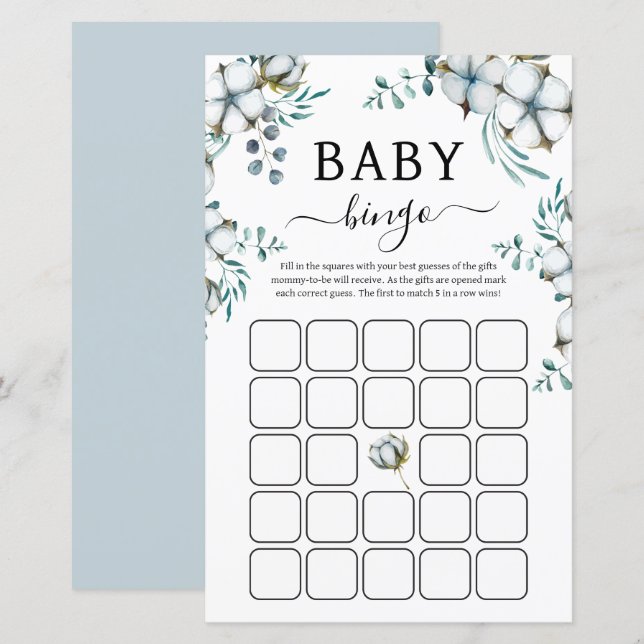 Dusty Blue katoenen bloemen Baby shower Bingo spel (Voorkant / Achterkant)