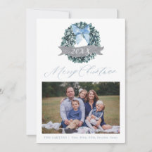 Dusty Blue Kerstmis Wreatay Fotokaart