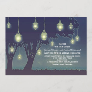 Dusty Blue Lantern Lights Tree Wedding Kaart