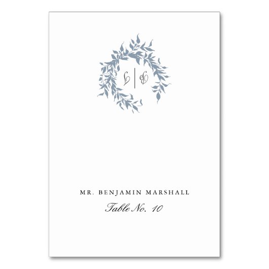 Dusty Blue Leafy Crest Monogram Bruiloft Plaats Ka Kaart (Voorkant)