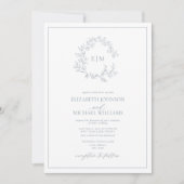 Dusty Blue Leafy Crest Monogram Foto Weduwschap Kaart (Voorkant)