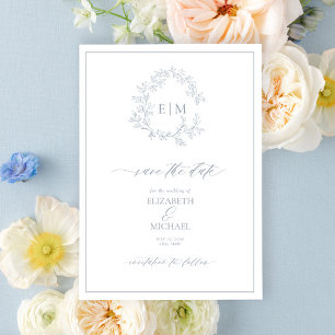 Dusty Blue Leafy Crest Monogram Save the Date Kaart