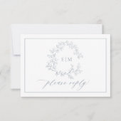 Dusty Blue Leafy Crest Monogram Weddenschap RSVP-k RSVP Kaartje (Voorkant)