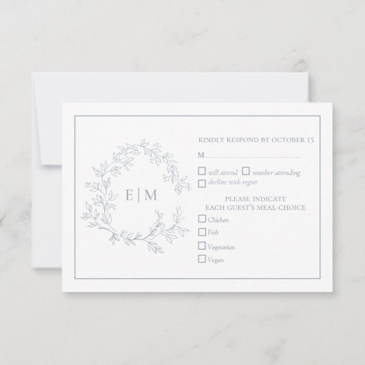 Dusty Blue Leafy Crest Monogram Weddenschap RSVP-k RSVP Kaartje (Achterkant)