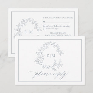Dusty Blue Leafy Crest Monogram Weddenschap RSVP-k RSVP Kaartje