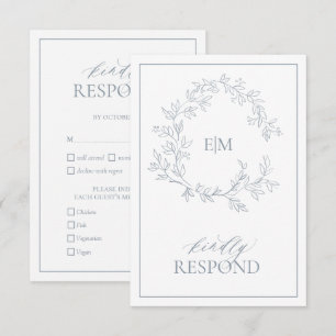 Dusty Blue Leafy Crest Monogram Weddenschap RSVP-k RSVP Kaartje