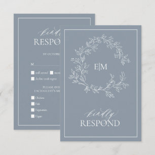 Dusty Blue Leafy Crest Monogram Weddenschap RSVP-k RSVP Kaartje