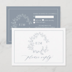 Dusty Blue Leafy Crest Monogram Weddenschap RSVP-k RSVP Kaartje