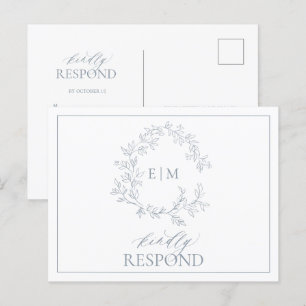 Dusty Blue Leafy Crest Monogram Weddenschap RSVP Uitnodiging Briefkaart