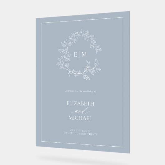 Dusty Blue Leafy Crest Monogram Welkomstbruiloft Acryl Bord (Hoek)