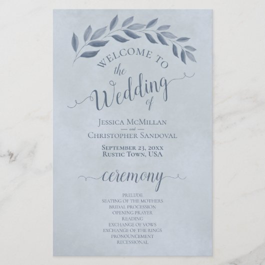 Dusty Blue Leaves Elegant Budget Wedding Programme (Voorkant)