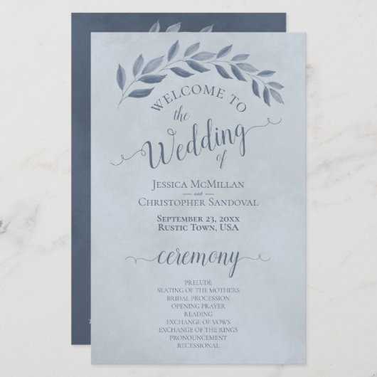 Dusty Blue Leaves Elegant Budget Wedding Programme (Voorkant / Achterkant)